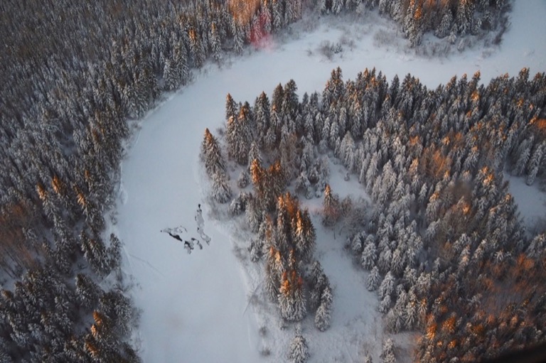 Aerial frozen river drone shot